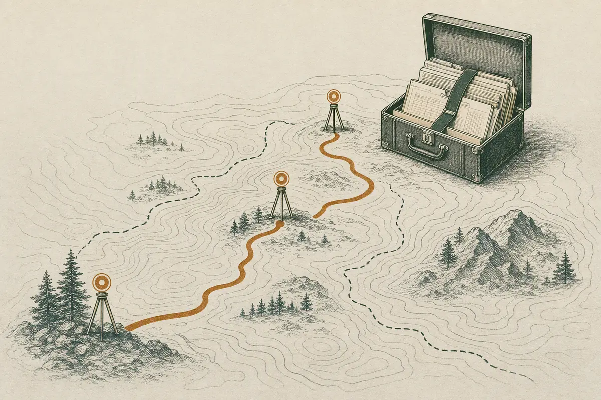 An engraved contour map tracing three survey checkpoints to a case holding organized business records